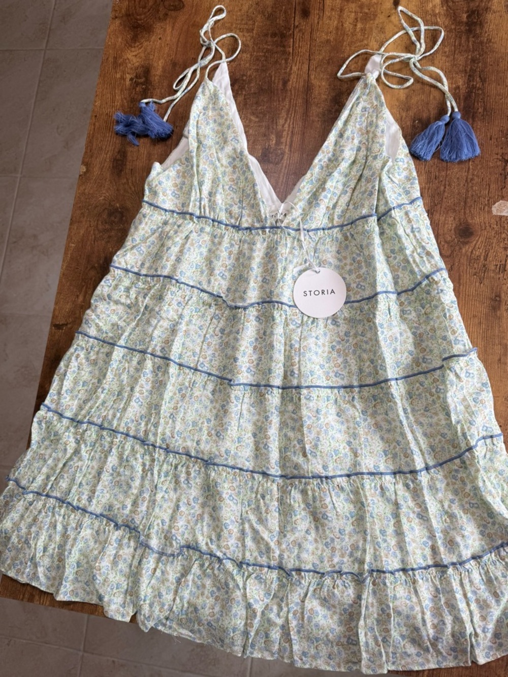 Storia Blue and White Floral Mini Sundress with Tassel Straps
